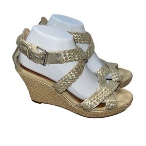 Sperry Top Sider Women's Sandals 8.5M Gold Leather Upper Buckle Close Espadrille